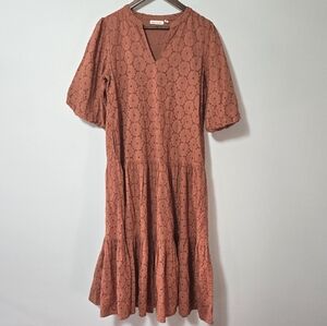 NWT Roller Rabbit Terracotta Eyelet Midi Puff Sleeve Dress Cotton Orange XS